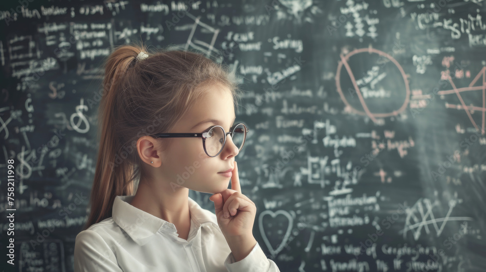 thoughtful young student standing in front of a blackboard filled with complex scientific formulas thoughtful young student standing in front of a blackboard filled with complex scientific formulas