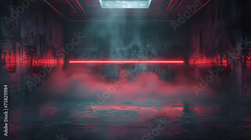 3D illustration of a dark underground garage with a red neon laser line glowing on concrete walls and floor creating a smoke fog effect