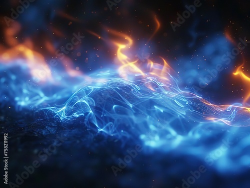 blue wave of energy  with particles and lights floating in the air. The dark space background