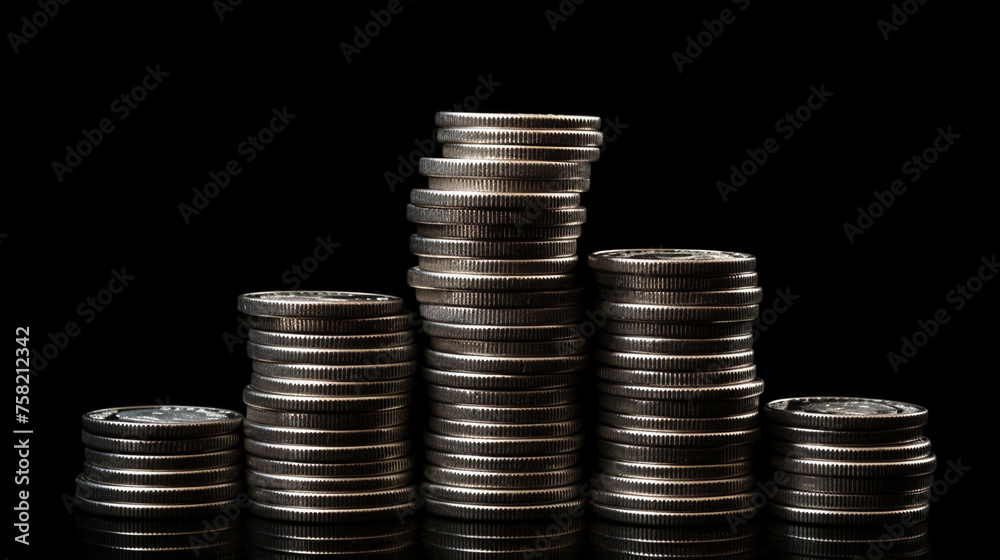 Silver coin stack front view on black background Silver coin stack front view on black background