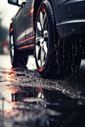 Detailed shot of a car on a wet road, suitable for automotive and road safety concepts