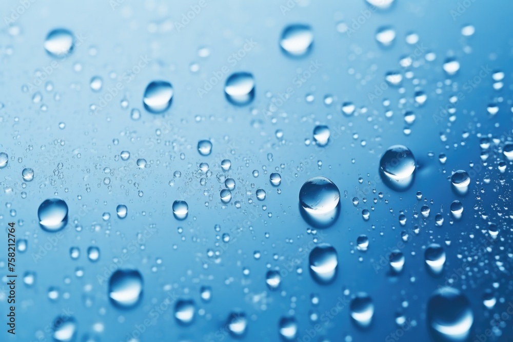Close-up of water droplets on a blue surface, suitable for various design projects Close-up of water droplets on a blue surface, suitable for various design projects