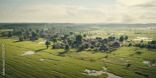 Aerial view of a village in the middle of a field, suitable for various rural concepts