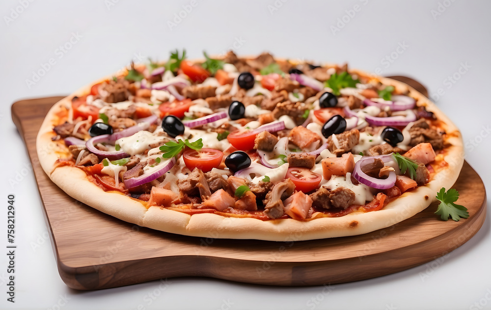 A delicious kebab pizza presented on a wooden board against a pristine white backdrop A delicious kebab pizza presented on a wooden board against a pristine white backdrop