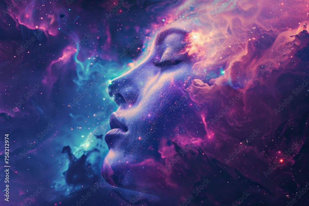 A woman's face is shown in a colorful, starry background. Concept of wonder and awe, as if the woman is floating in space - obrazy, fototapety, plakaty 