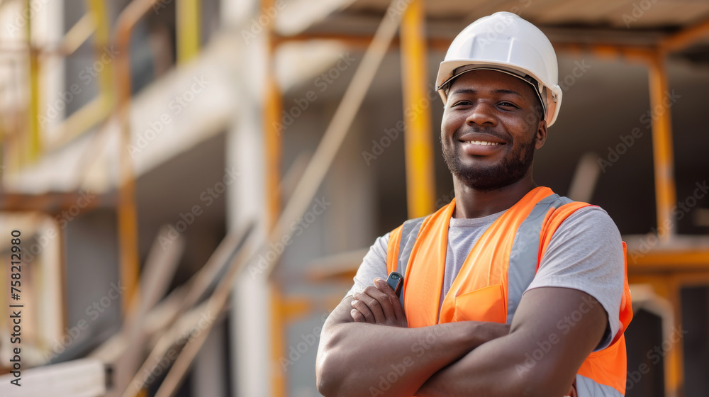 smiling construction worker with a hard hat and reflective vest smiling construction worker with a hard hat and reflective vest