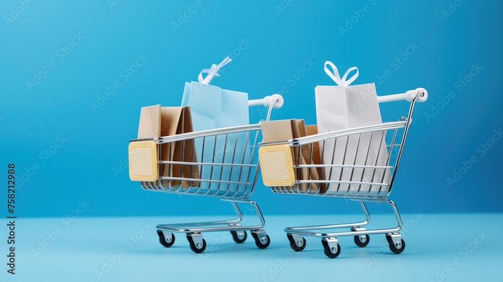 Two shopping carts with bags on a blue background. Great for retail or consumerism concepts Two shopping carts with bags on a blue background. Great for retail or consumerism concepts
