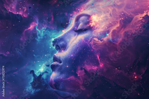 A woman's face is shown in a colorful, starry background. Concept of wonder and awe, as if the woman is floating in space