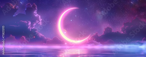 Big crescent moon night background, glowing stars photo
