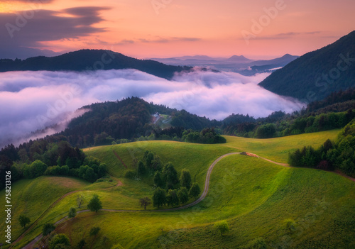 Aerial view of alpine meadows and mountains in low purple clouds at sunrise in summer. Top drone view of hills with green grass and trees in fog  colorful red sky in Slovenia. Nature. Mountain valley