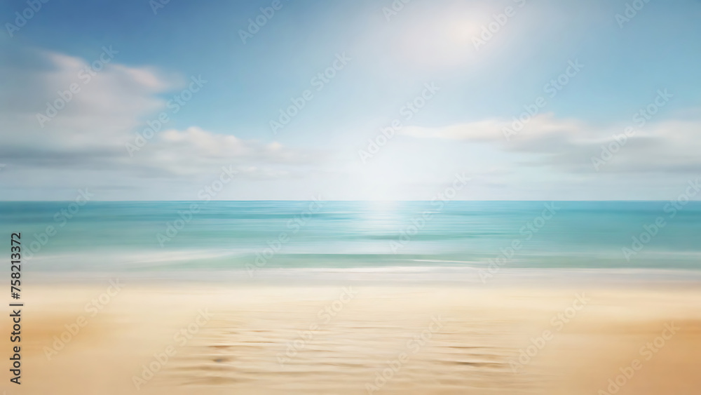 blurred sea beach background, background for product presentation, sunlight, wave, sand, sky Generative AI