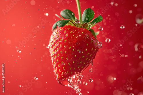 Delicious Wet Strawberry on Vibrant Red Background