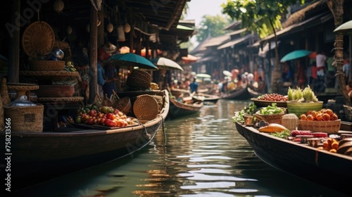 A river filled with lots of boats carrying an abundance of food. Perfect for food delivery or waterfront dining concepts