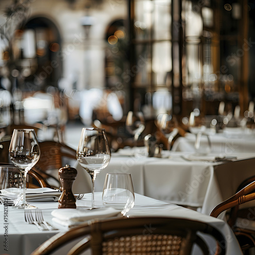 Restaurant with Tables Prepared for Dining generative ai