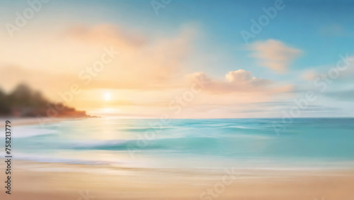 blurred sea beach background, background for product presentation, sunlight, wave, sand, sky Generative AI © Graphic ELE