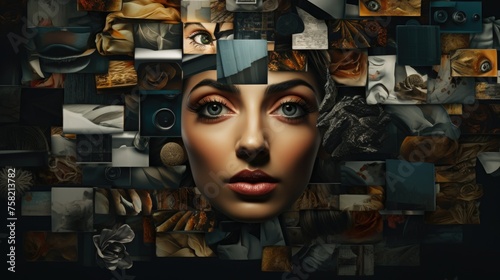 A woman's face surrounded by various images. Can be used for design projects