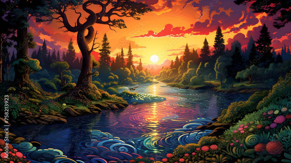 Computer-generated Scenery: Ethereal Sundown Over the Serpentine River Amidst a Verdant Forest