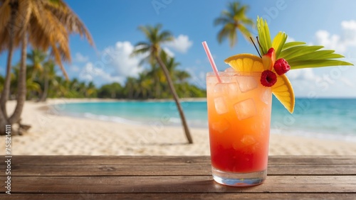 Refreshing daiquiri cocktail on wooden table in tropical setting with blurred beach background and copy space