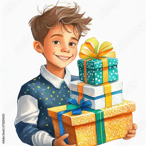 Chłopiec na trzymający w rękach kilka prezentów. Białe tło. Dzień dziecka, Boże Narodzenie photo