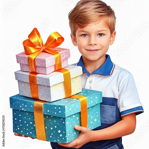 Chłopiec na trzymający w rękach kilka prezentów. Białe tło. Dzień dziecka, Boże Narodzenie