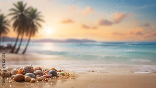 blurred sea beach background, background for product presentation, sunlight, wave, sand, sky Generative AI