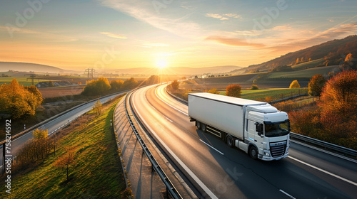 semi-truck is driving on a highway with motion blur, indicating speed, during a sunny autumn day with colorful trees on the side of the road. photo