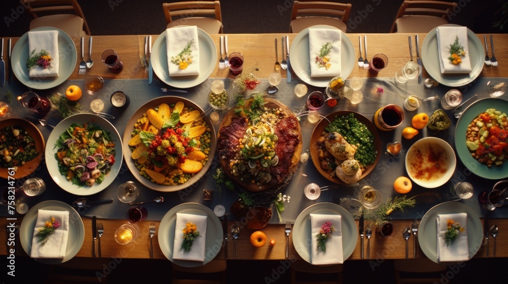 A table filled with plates of food and glasses of wine. Suitable for restaurant promotions