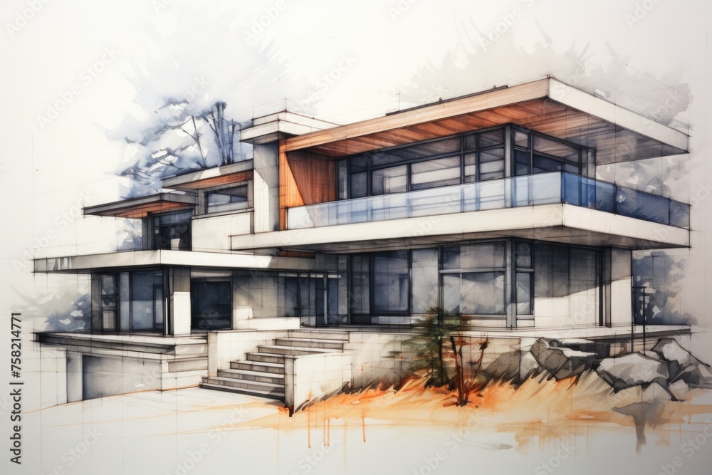 A drawing of a modern house with stairs. Suitable for real estate concepts A drawing of a modern house with stairs. Suitable for real estate concepts