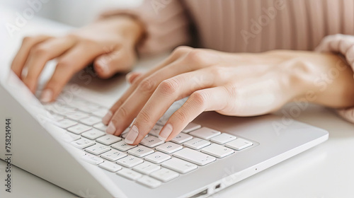 A person quickly types on a white laptop keyboard, fingers blurred with motion