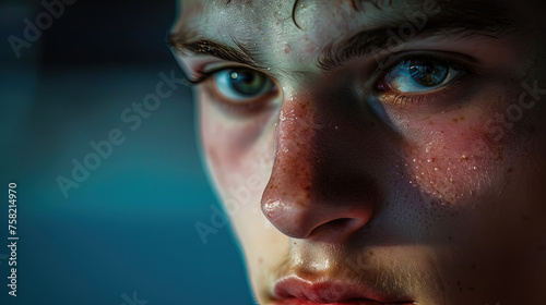 A close-up showing the detailed features of a young mans face with piercing blue eyes