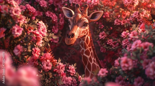 image featuring a giraffe surrounded by flowers, inspired by the artistic style of Arne Thun. photo