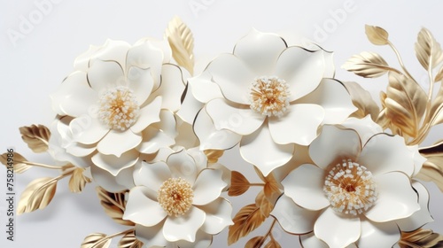 A bunch of white flowers with gold leaves, suitable for elegant designs
