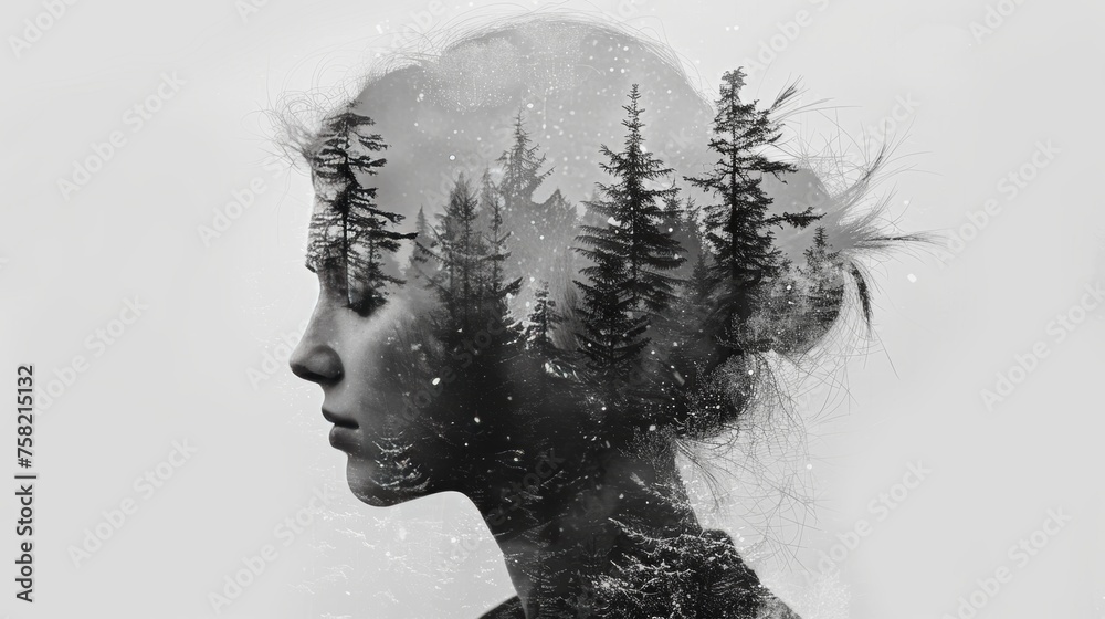 Silhouette of a woman blended with serene forest landscape in a double exposure photography concept