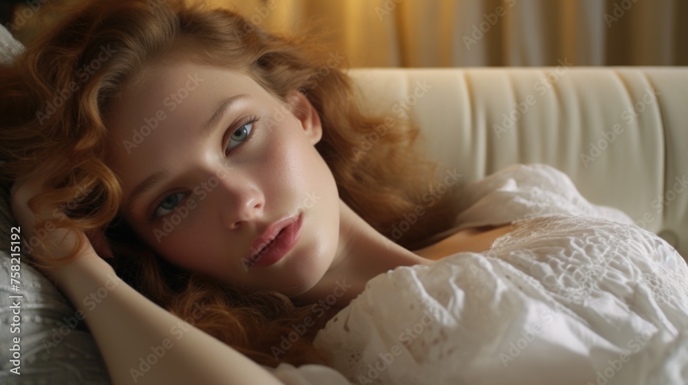 A beautiful young woman laying on top of a white couch. Suitable for lifestyle and relaxation concepts