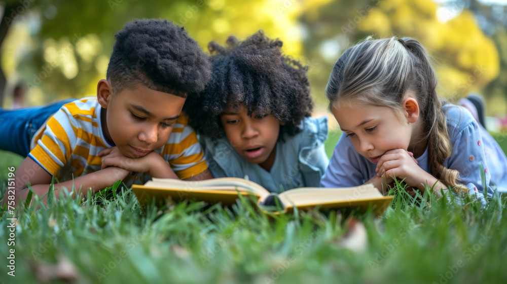 children lying on the grass, deeply engaged in reading books. children lying on the grass, deeply engaged in reading books.