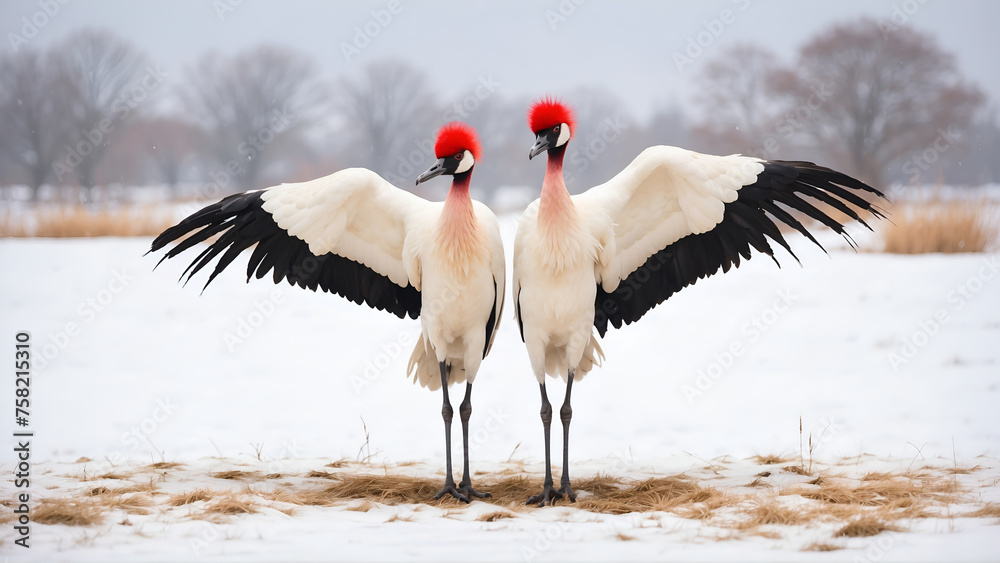 Fototapeta premium Red crowned crane at snowy field 