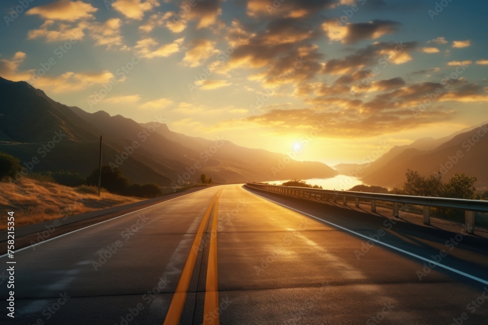 Scenic view of sunset over mountains with deserted road, suitable for travel and landscape themes