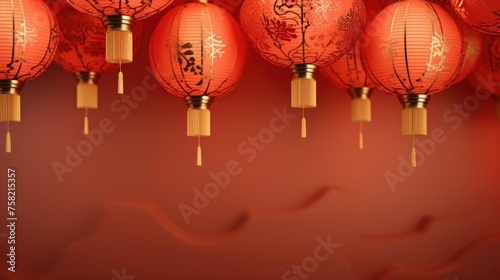 Group of red lanterns hanging from the ceiling, suitable for decoration purposes