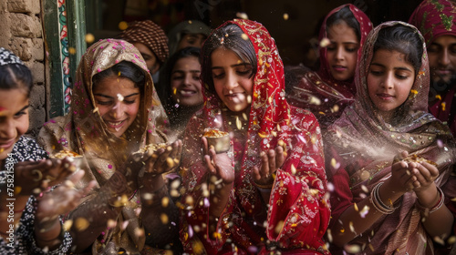 A radiant bride in a red lehenga smiles as she is showered with flower petals by delighted guests
