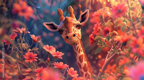 image featuring a giraffe surrounded by flowers, inspired by the artistic style of Arne Thun. photo