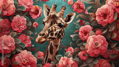 image featuring a giraffe surrounded by flowers, inspired by the artistic style of Arne Thun. #758215380