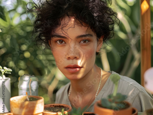 close-up, portrait of a woman in a garden
