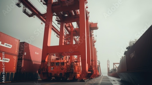 A large red crane in a dock, ideal for industrial concepts