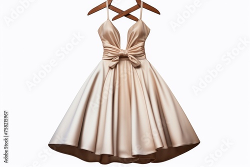 A simple image of a dress hanging on a wooden hanger. Perfect for fashion or wardrobe concepts
