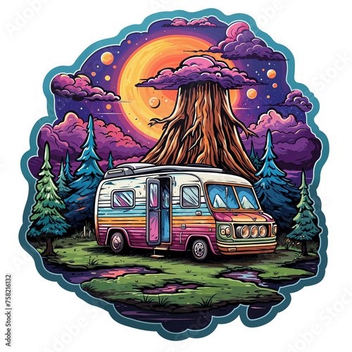 Psychedelic t-shirt design sticker character, Camping Scenen with a Van, detailed illustration photo