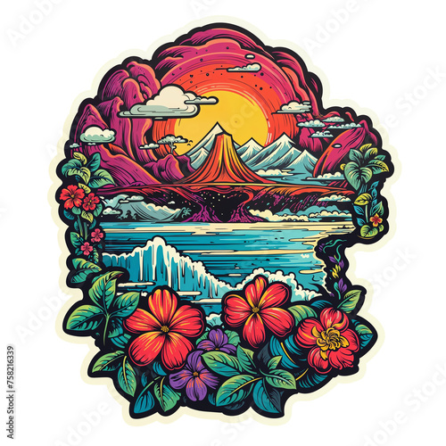 Psychedelic t-shirt design sticker character, Mountain and Flowers on Paradise Island, detailed illustration