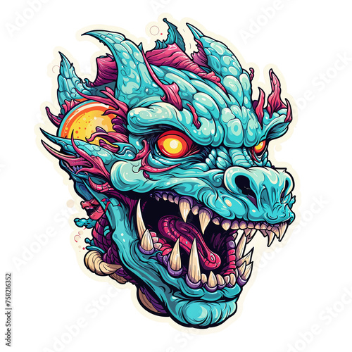 Psychedelic t-shirt design sticker character, Blue Dragon Head With Red Eyes and Fangs, detailed illustration