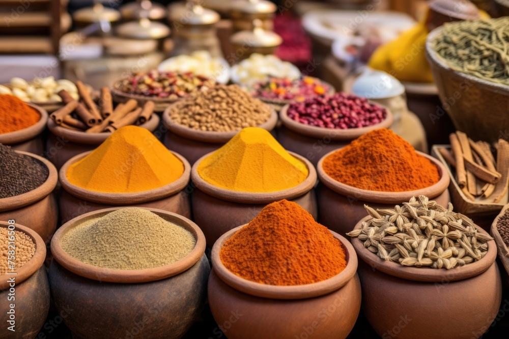 Various spices showcased in clay bowls, perfect for culinary projects
