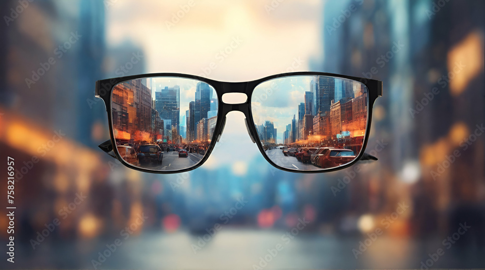 Modern bright city view through eyeglasses Blurry back  .Generative ai - obrazy, fototapety, plakaty 