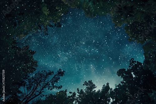A view of the night sky through the trees. Suitable for nature and astronomy concepts